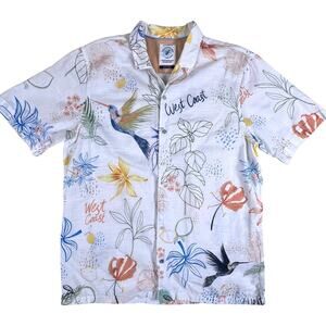 A Fish Named Fred Shirt L White Floral Bird Print Cotton Short Sleeve Button Up